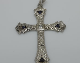 Art Deco Cross Diamond Sapphire Cross Pendant 14k White Gold