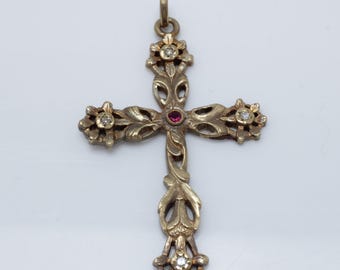Art Nouveau Ruby Diamond Cross Pendant 14k Gold