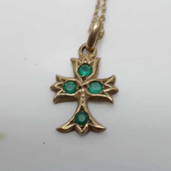 Art Deco Cross Pendant Necklace 14k Gold Green To… - image 1