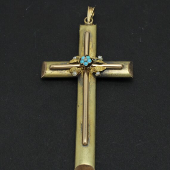 Art Nouveau Turquoise Pearl Cross Pendant 14k Yel… - image 2