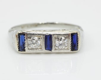 Antique Art Deco Diamond Sapphire Ring 18K White Gold size 5.75 Belais