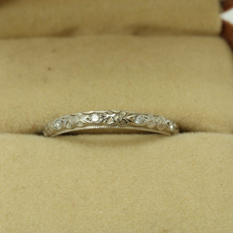 Vintage Art Deco Diamond Wedding Band 14k White Gold size 5.75 Stacking Ring image 4