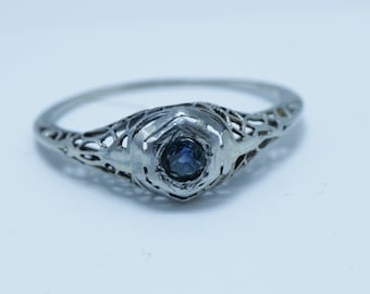 Antique Art Deco Sapphire Engagement Ring 18K White Gold size 7.5