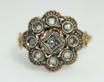 Georgian Antique rose cut diamond cluster ring, 14k gold  Ring size 8.25