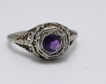Art Deco Amethyst Engagement Ring 18k White Gold Size 8