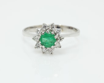 Vintage Emerald Diamond Engagement Ring 14k Gold White Gold size 7