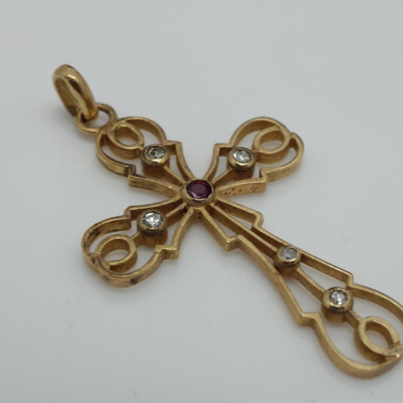 Art Deco Ruby Diamond Cross Pendant 14k Gold - image 3