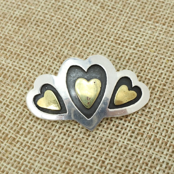 Vintage Far Fetched Sterling Silver Brass Heart Pin made in Mexico