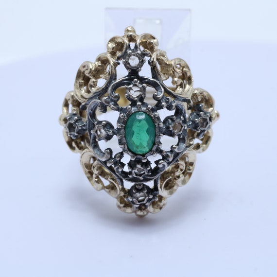 Vintage Emerald Diamond Ring Silver Gilt Cocktail 