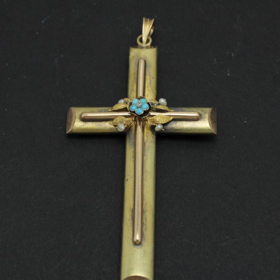 Art Nouveau Turquoise Pearl Cross Pendant 14k Yel… - image 1
