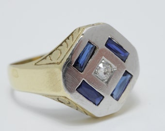 Men's Art Deco 18k Gold Ring: Diamond & Sapphire Pinky Ring, Size 9