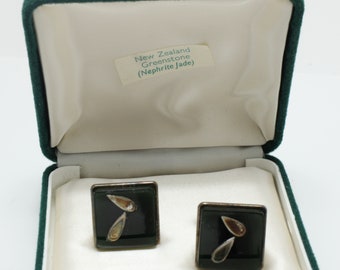 Boutons De Manchette Anciens Chinois En Argent 925 Et Jadéite Verte Cabochon - Époque Art Déco