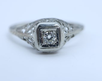 Art Deco Diamond Engagement Ring 18K White Gold size 5.5