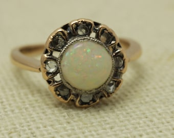 Victorian Opal Mine Cut Diamond Ring 14k Rose Gold Size 6