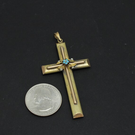 Art Nouveau Turquoise Pearl Cross Pendant 14k Yel… - image 5