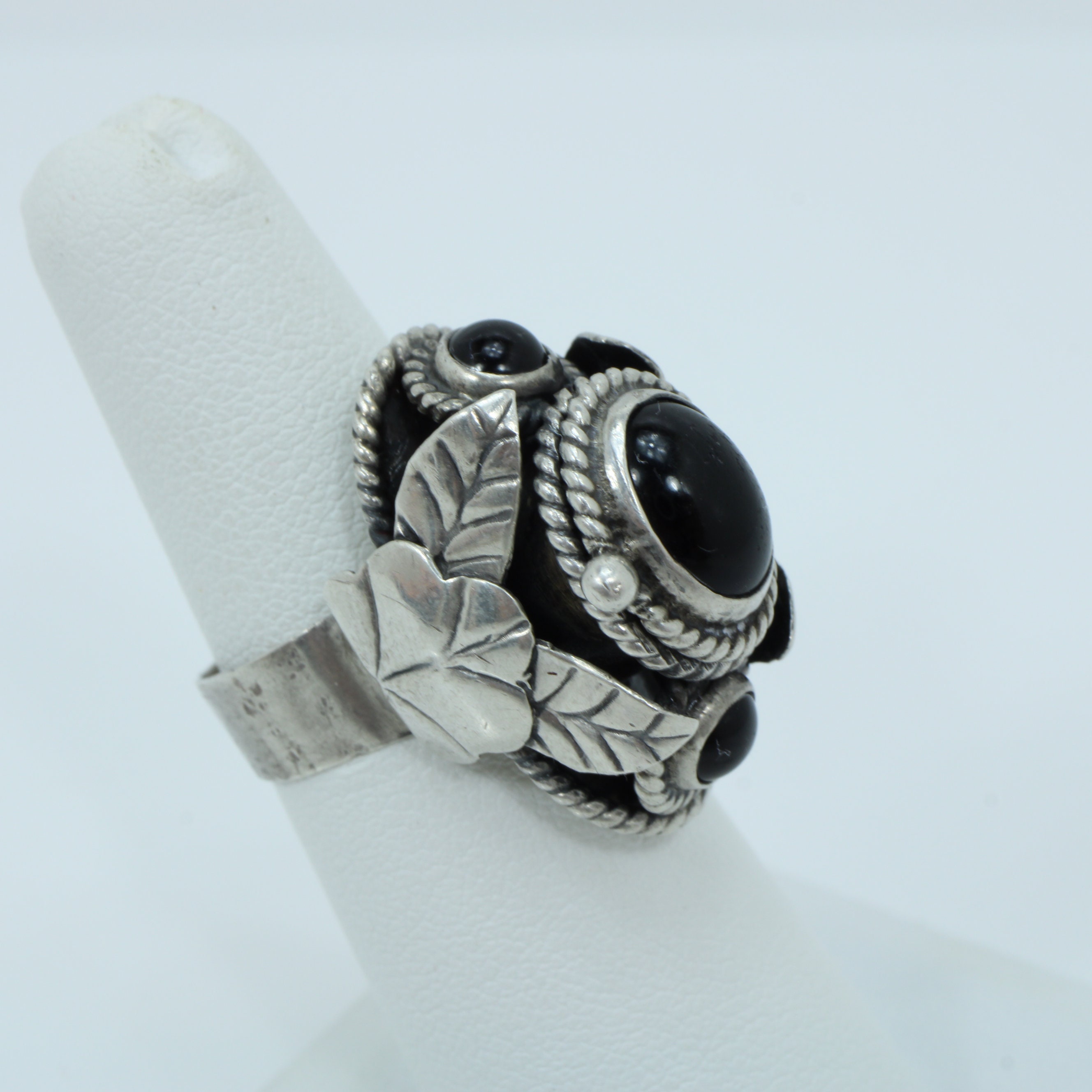 Vintage Mexican Sterling Silver Poison Ring Black Onyx Adjustable 