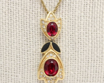 Henkel and Grosse for Christian Dior Gold Tone Pendant Necklace Red Glass Pendant