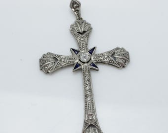 Art Deco Cross Diamond Sapphire Platinum Cross Pendant 18k Gold