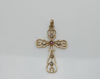 Vintage Cross Ruby Diamond Pendant 14k Yellow Gold