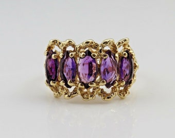 Vintage Amethyst Ring 14k Yellow Gold 5 Stone Cocktail Ring size 10.5