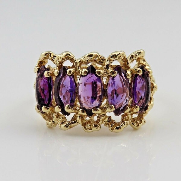 Vintage Amethyst Ring 14k Yellow Gold 5 Stone Cocktail Ring size 10.5