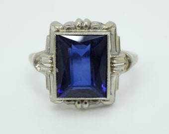 Antique Art Deco Sapphire Ring 14K White Gold Cocktail Ring size 6.75