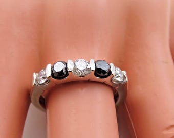 Black & White Diamond 5 Stone Wedding Band 14k White Gold 0.75ct