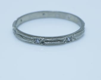 Vintage Art Deco Diamond Wedding Band 14k White Gold size 7.75 Stacking Ring