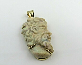 Vintage Hand Carved Fire Opal Pendant Greek God 18 Karat Yellow Gold 22 Carats