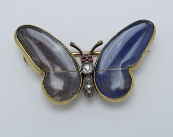 Antique Victorian Butterfly Brooch Pin 14k Gold Diamond Ruby