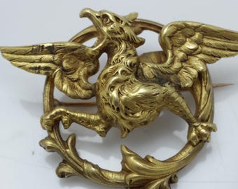 Antique Griffin Brooch French Fix Badge WW1 Pin Gold Filled and Gold