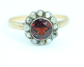 Antique Victorian Garnet Diamond Ring: 18k Gold Engagement Ring, Size 8.5