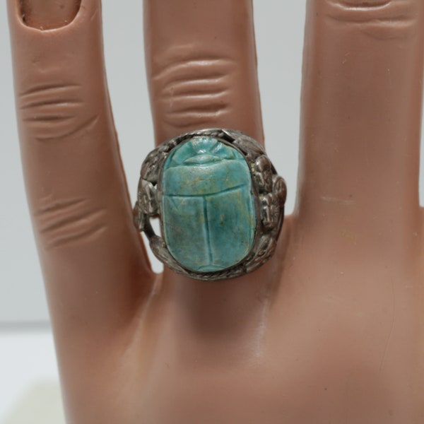 Antique Egyptian Revival Silver Scarab Ring Art Nouveau Ring size 5.5