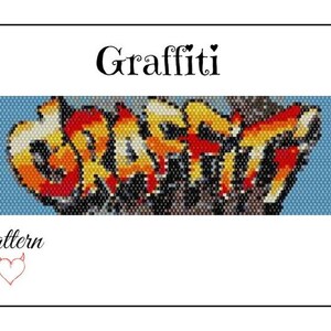 May include: A beading pattern for a bracelet with the word "Graffiti" in a colorful, stylized font. The pattern is on a blue background.