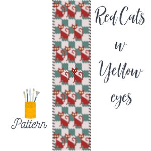 Red Cats w Yellow eyes / Even-Count Peyote Bracelet or Bookmark Pattern / Peyote Bracelet Design / instructions / graphics and word chart
