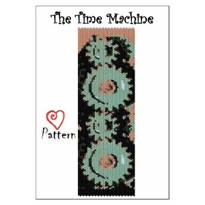 May include: A beading pattern for a bracelet called "The Time Machine". The pattern features a design of three interlocking gears in shades of black, green, and peach.