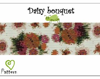 Puede incluir: Un patrón de cuentas para un brazalete con un diseño floral con cuentas rosas, naranjas y verdes. El patrón se llama "Daisy Bouquet".