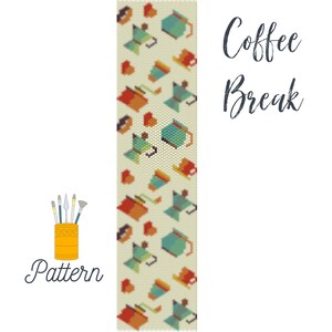 May include: A beaded pattern for a bracelet with a coffee pot and coffee cup design. The pattern is called "Coffee Break".