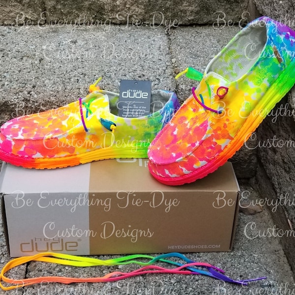 Be Glowing! HEY DUDE glow-in-the-dark Neon Tie-Dye slip-on sneakers!