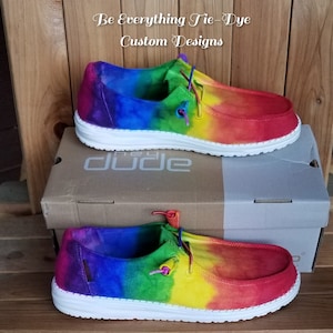 Be Relaxed HEY DUDE Rainbow Tie-Dye slip-on sneakers! Hand-painted and available in sizes 5-11!