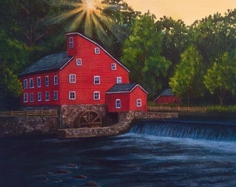 May include: A vibrant painting depicts a red mill building with white-framed windows, set against a backdrop of lush green trees and a flowing river. The sun bursts through the trees, creating a warm, golden glow. The mill features a water wheel.