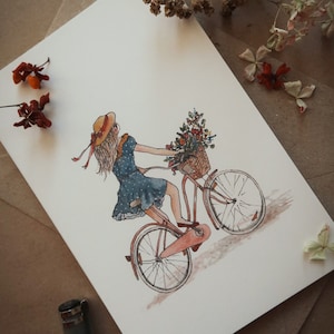 Tarjeta de niña en bicicleta, postal, tarjeta de cumpleaños, impresión de ilustración de acuarela, tarjeta de niña, impresión de pintura de acuarela, para ella, tamaño 4 "x6"