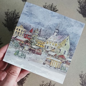 Tarjeta navideña ilustrada, tarjeta navideña en acuarela, tarjeta festiva ilustrada, tarjeta navideña, papelería navideña, mercado navideño, 5 x 5 pulgadas