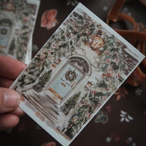 Karta świąteczna, drzwi świąteczne, akwarelowa karta świąteczna, ilustrowana karta świąteczna, ilustrowana karta świąteczna, mała karta, etykieta na prezent