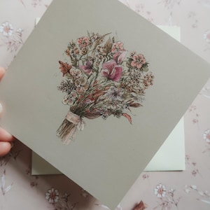Blumenstrauß mit Wicken, Grußkarte mit Blumen, botanische Kunstkarte, Blumenkunstkarte, Geburtstagskarte, illustrierte Karte, Blumenkarte