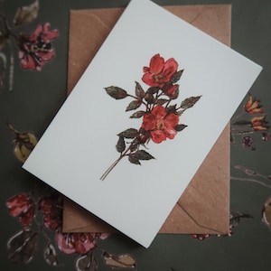 Roses rouges, carte d'art floral, étiquette cadeau, carte d'art botanique, impression d'illustration florale, carte florale, carte romantique, carte de roses, petite carte