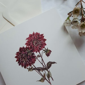 Dália vermelha, cartão floral, cartão de flores, cartão de arte de flores, cartão de aniversário, cartão ilustrado, dália, para ela
