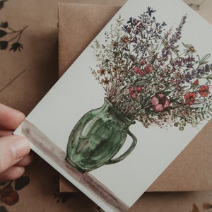 Grußkarte zum Geburtstag, Karte rustikal, Blumenkarte, Grußkarte Blumen, Blumenkarte, Blumenkunst, Blumen auf dem Tisch, Aquarelldruck, Größe 10x15cm