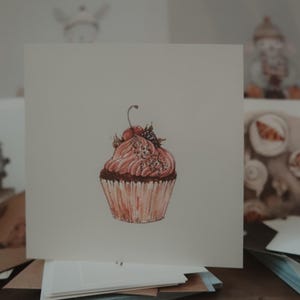 Gâteau sucré, carte de voeux, carte de la Saint-Valentin, carte je t'aime, carte d'anniversaire, carte illustrée, carte aquarelle, carte romantique, amour, je t'aime