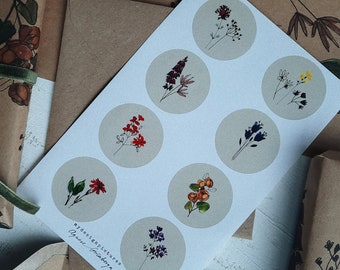 Wild flowers stickers, sticker set, Envelope stickers, eight stickers, set of eight stickers, 8 stickers,8 meadow flowers stickers